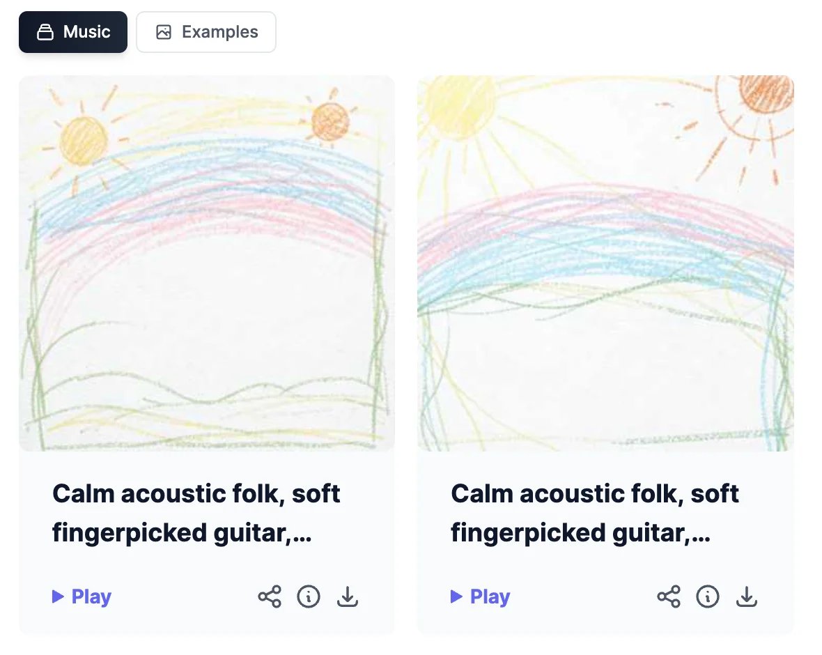 The Music tab with two generated versions of the song Calm acoustic folk, soft fingerpicked guitar, each with crayon-drawing cover art and Play, Share, Details, and Download buttons