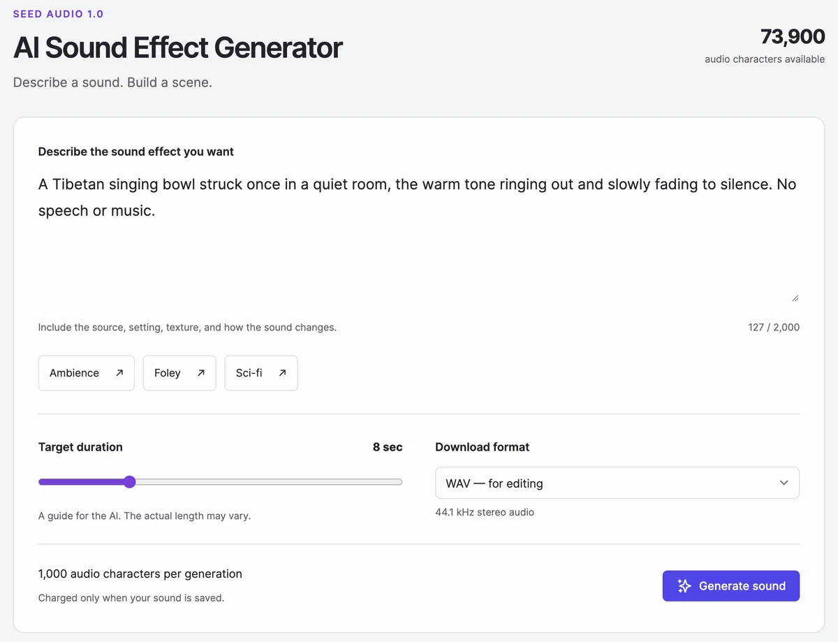 AI Sound Effect Generator with the description A Tibetan singing bowl struck once in a quiet room, the warm tone ringing out and slowly fading to silence, the Ambience, Foley, and Sci-fi examples, Target duration 8 sec, Download format WAV for editing, and Generate sound