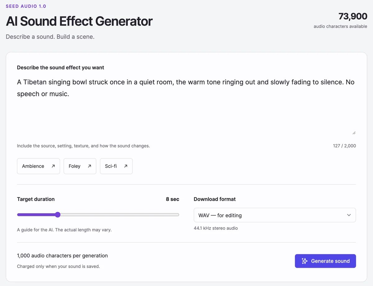 AI Sound Effect Generator with the description A Tibetan singing bowl struck once in a quiet room, the warm tone ringing out and slowly fading to silence, the Ambience, Foley, and Sci-fi examples, Target duration 8 sec, Download format WAV for editing, and Generate sound