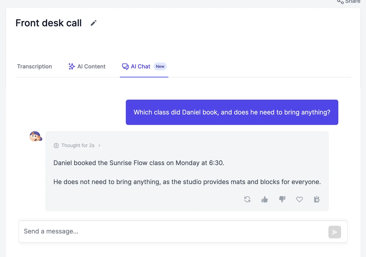 AI Chat: the question Which class did Daniel book, and does he need to bring anything? and the answer that he booked the Sunrise Flow class on Monday at 6:30 and doesn't need to bring anything
