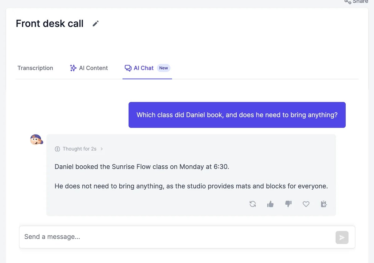 AI Chat: the question Which class did Daniel book, and does he need to bring anything? and the answer that he booked the Sunrise Flow class on Monday at 6:30 and doesn't need to bring anything