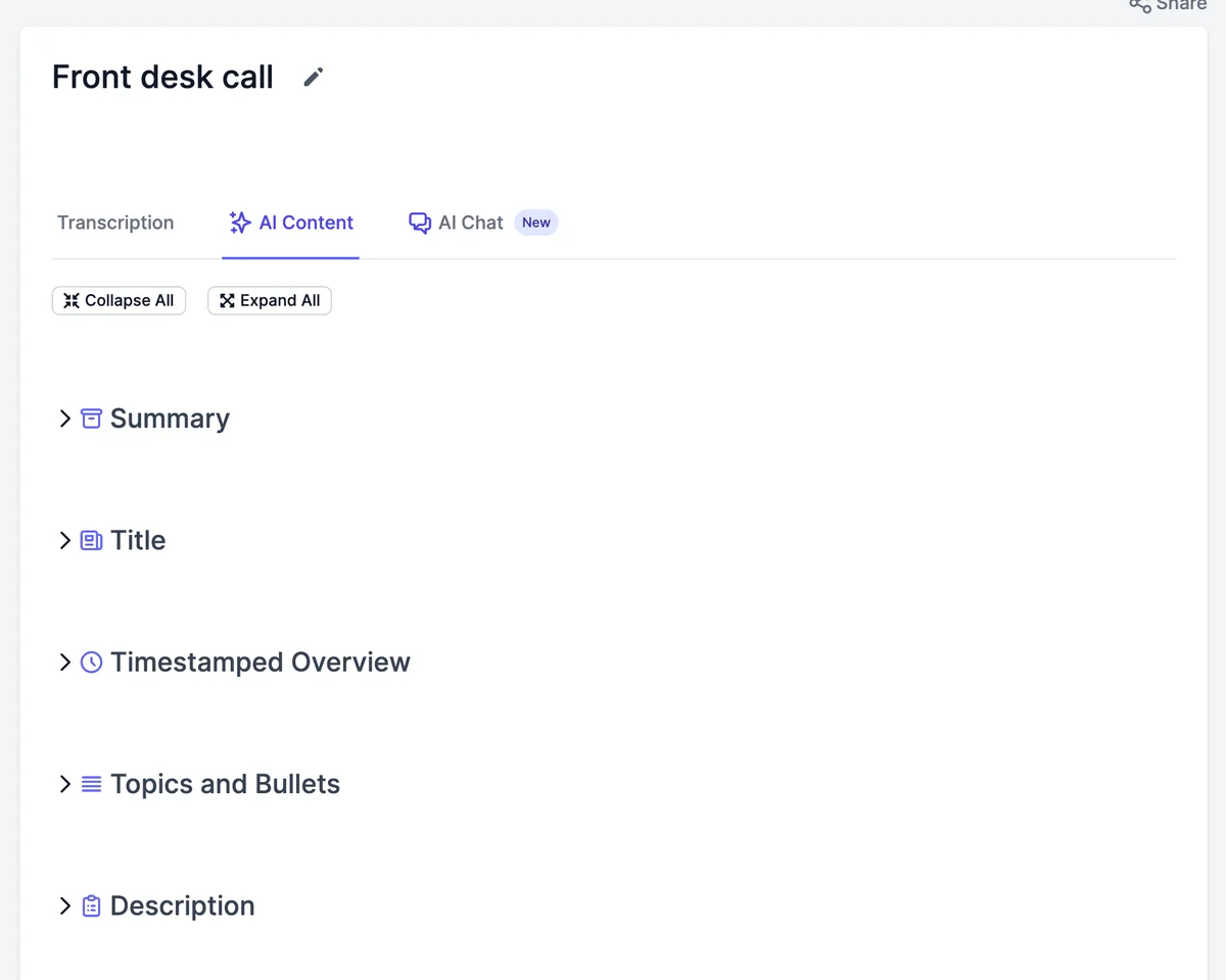 The AI Content items collapsed: Summary, Title, Timestamped Overview, Topics and Bullets, Description, and LinkedIn Post