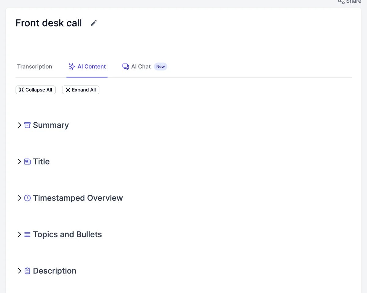 The AI Content items collapsed: Summary, Title, Timestamped Overview, Topics and Bullets, Description, and LinkedIn Post