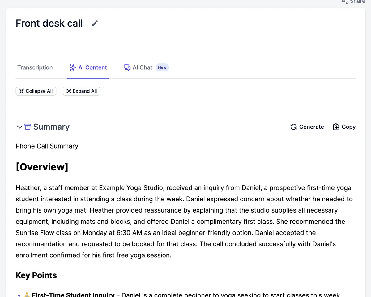 AI Content with a Phone Call Summary: an overview of Heather's call with Daniel, a first-time student who booked the free Sunrise Flow class, followed by Key Points
