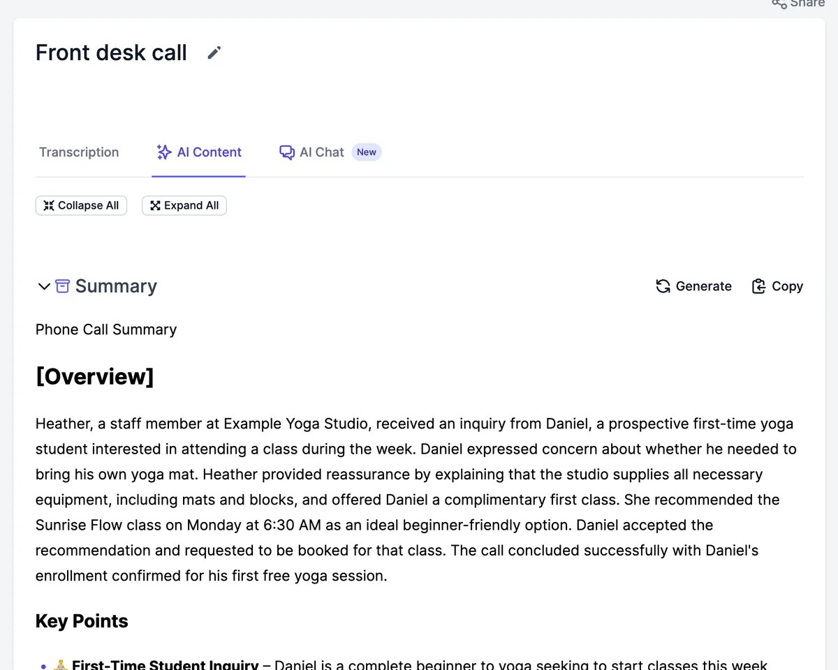 AI Content with a Phone Call Summary: an overview of Heather's call with Daniel, a first-time student who booked the free Sunrise Flow class, followed by Key Points