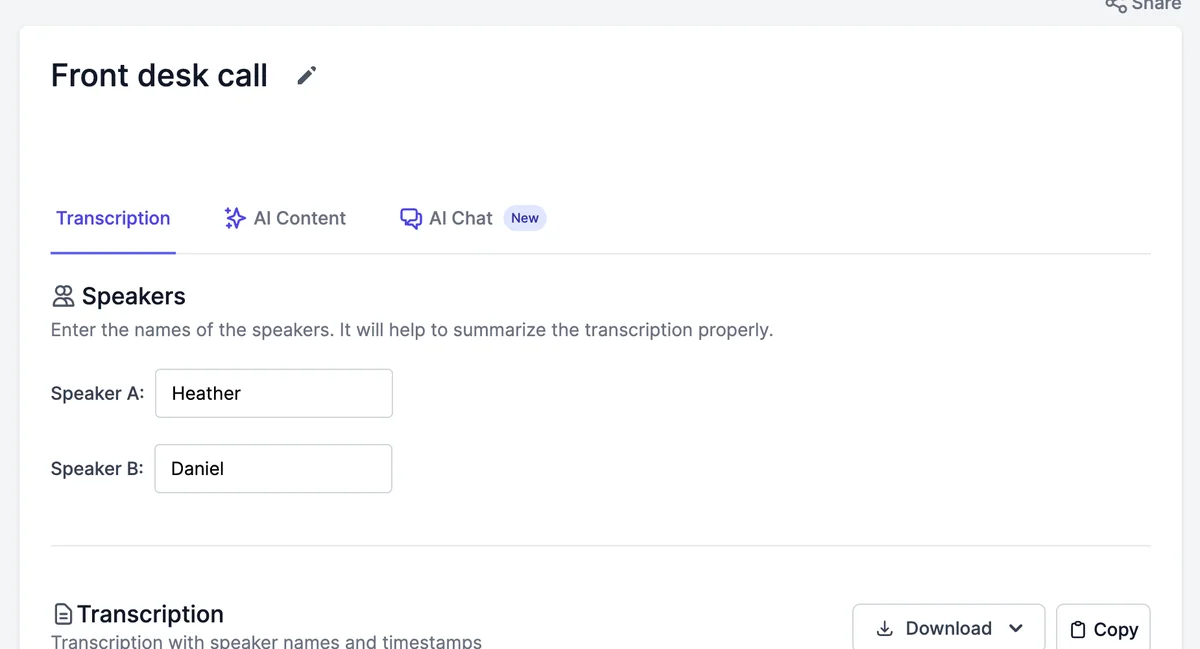 The Front desk call transcript page: the title with a rename pencil, the Transcription, AI Content, and AI Chat tabs, a banner to generate an AI summary, and Speakers A and B named Heather and Daniel