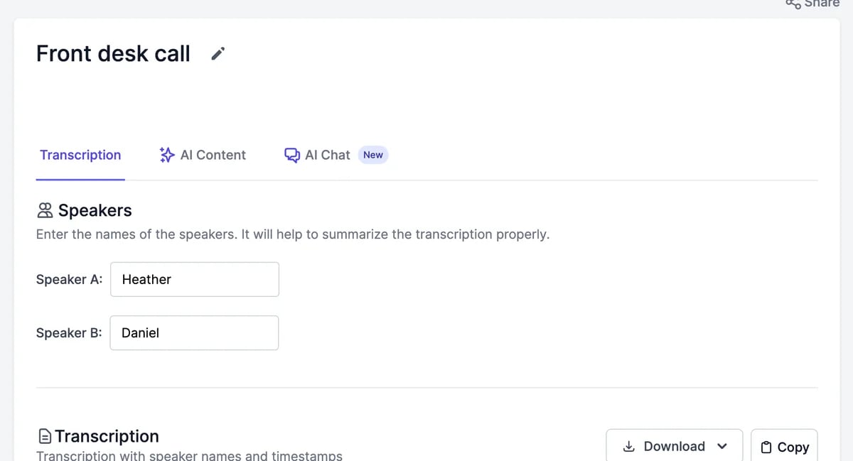 The Front desk call transcript page: the title with a rename pencil, the Transcription, AI Content, and AI Chat tabs, a banner to generate an AI summary, and Speakers A and B named Heather and Daniel
