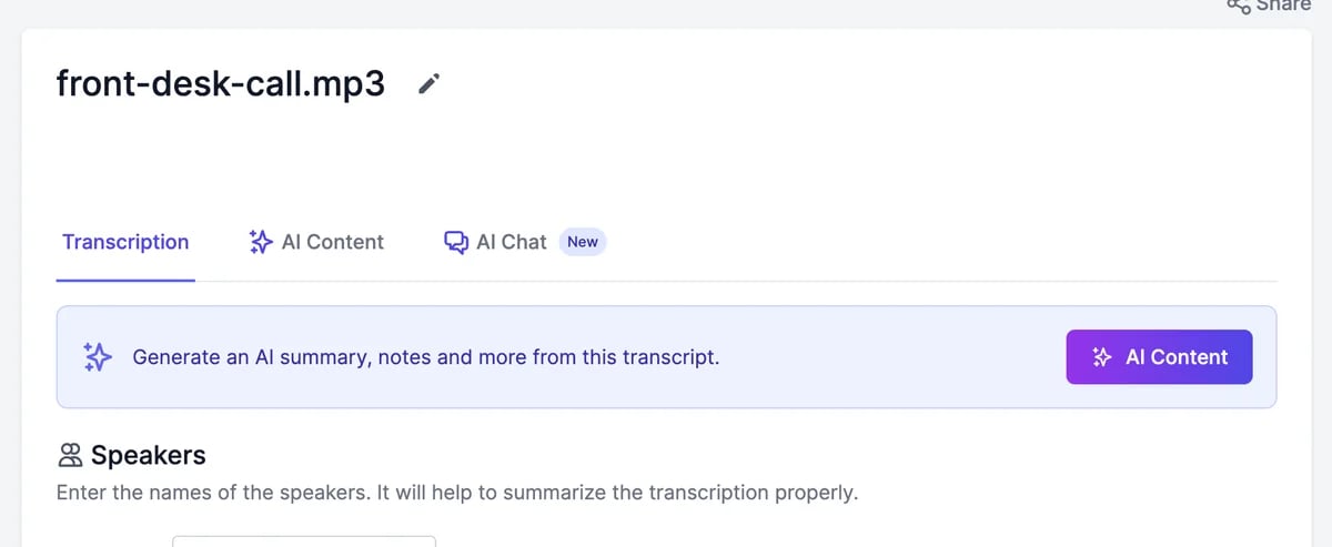 The transcript page for front-desk-call.mp3 with the Transcription, AI Content, and AI Chat tabs and the message Transcription is in progress
