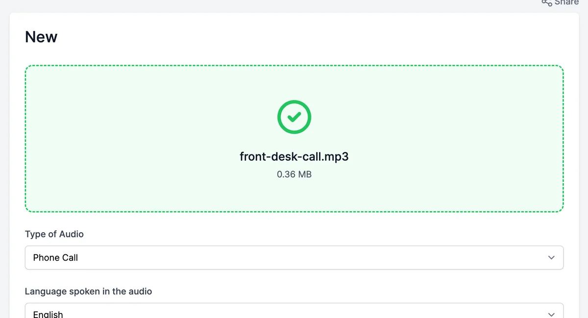 The upload form with front-desk-call.mp3 uploaded, Type of Audio Phone Call, Language spoken in the audio English, and Detect Speakers on