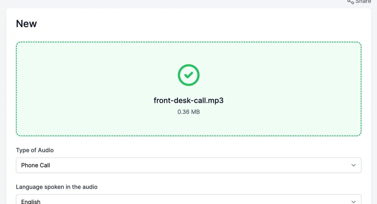 The upload form with front-desk-call.mp3 uploaded, Type of Audio Phone Call, Language spoken in the audio English, and Detect Speakers on