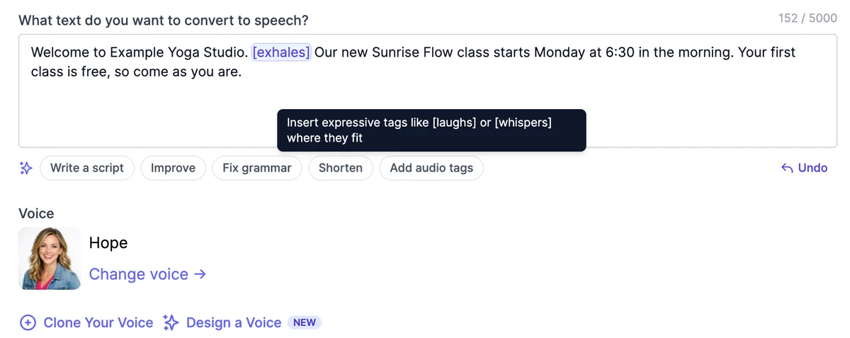 The text box with an [exhales] tag added after the first sentence, the tooltip Insert expressive tags like [laughs] or [whispers] where they fit, and the voice Hope selected