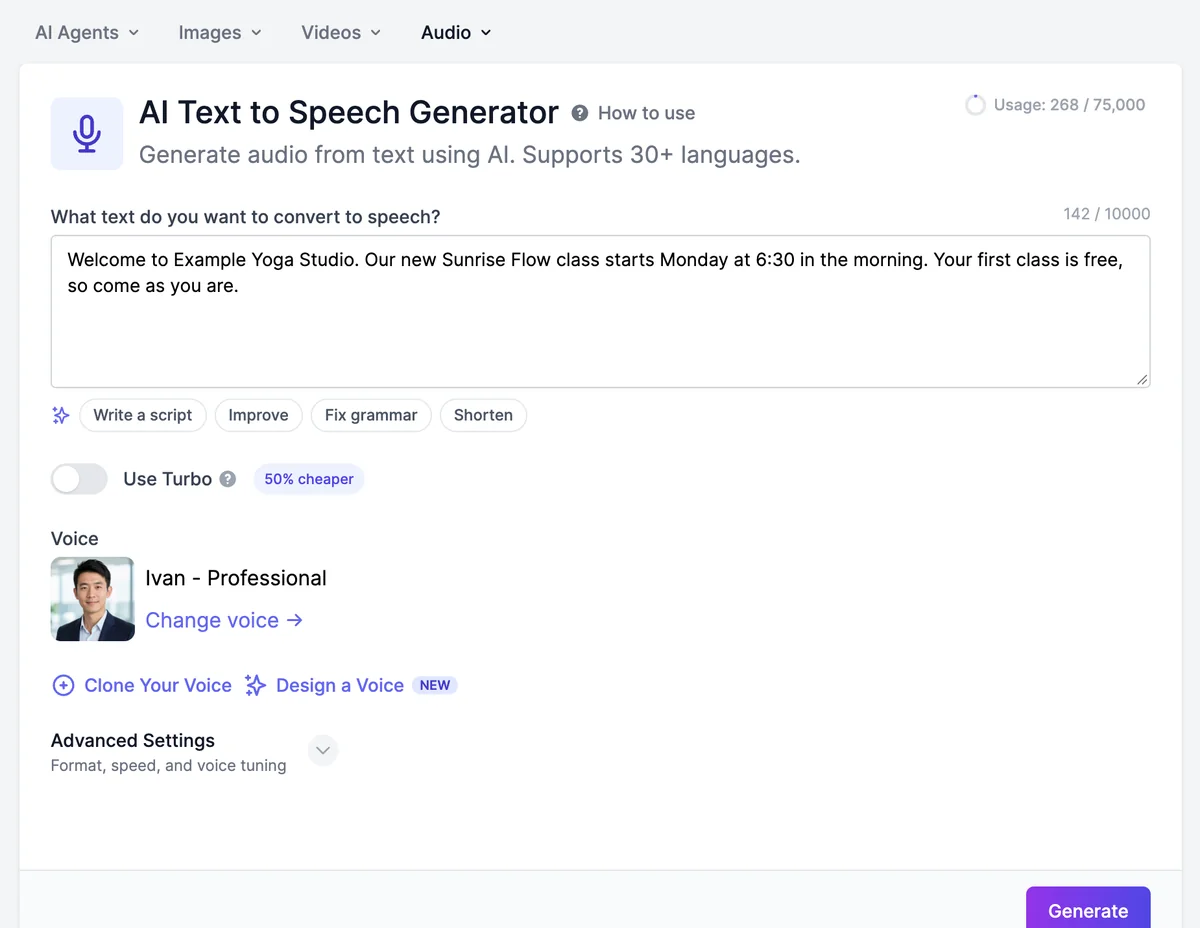 AI Text to Speech Generator: a text box with a welcome message for Example Yoga Studio, AI writing buttons, Use Turbo, the voice Ivan - Professional with Change voice, Clone Your Voice, Design a Voice, Advanced Settings, and Generate