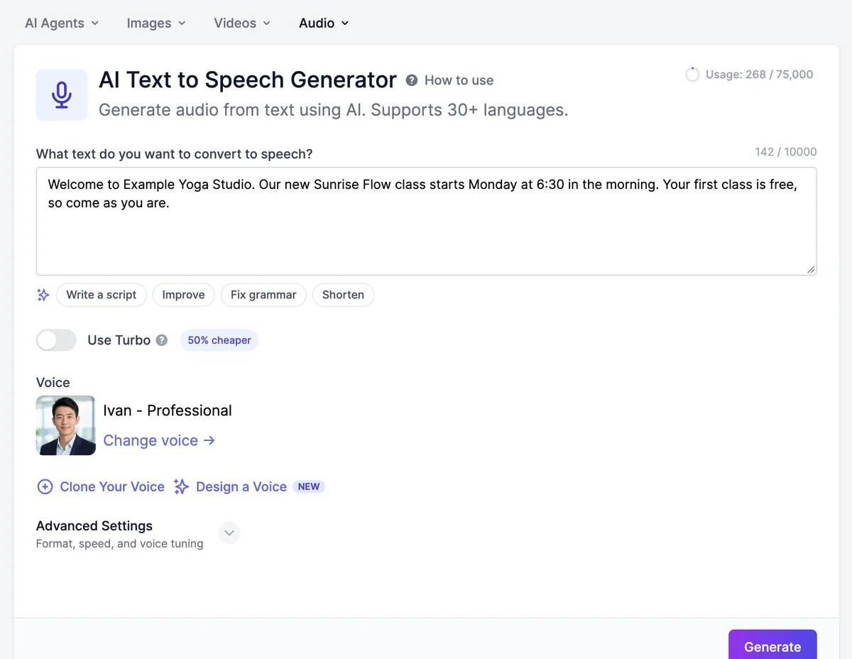 AI Text to Speech Generator: a text box with a welcome message for Example Yoga Studio, AI writing buttons, Use Turbo, the voice Ivan - Professional with Change voice, Clone Your Voice, Design a Voice, Advanced Settings, and Generate
