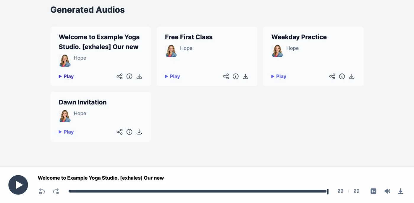 Generated Audios with four cards, each with the title, the voice Hope, Play, share, details, and download icons, and a player at the bottom playing the first one