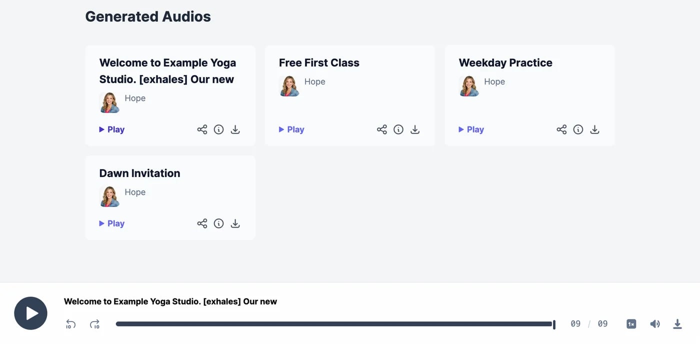 Generated Audios with four cards, each with the title, the voice Hope, Play, share, details, and download icons, and a player at the bottom playing the first one