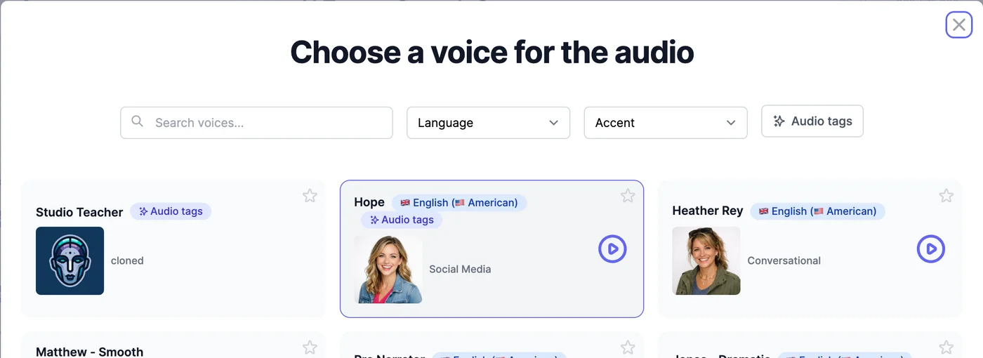 The voice list with the designed voice Studio Teacher first, marked Audio tags, followed by Hope and Heather Rey