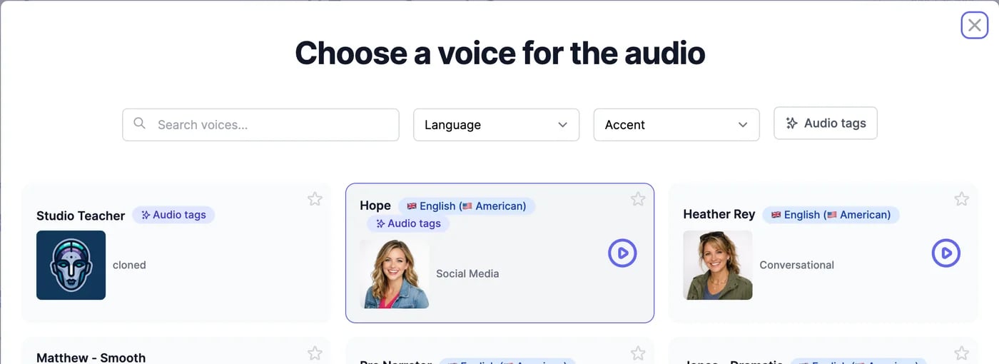 The voice list with the designed voice Studio Teacher first, marked Audio tags, followed by Hope and Heather Rey