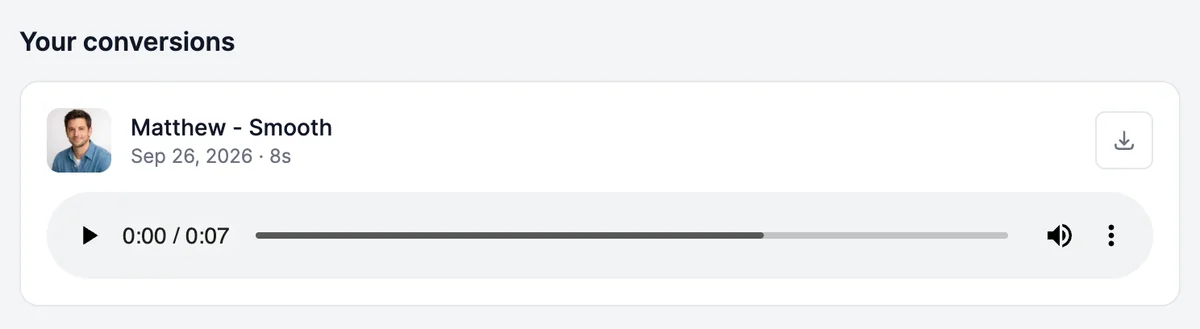Your conversions with one result in the voice Matthew - Smooth, dated Sep 26, 2026, 8 seconds long, with a player and a download button