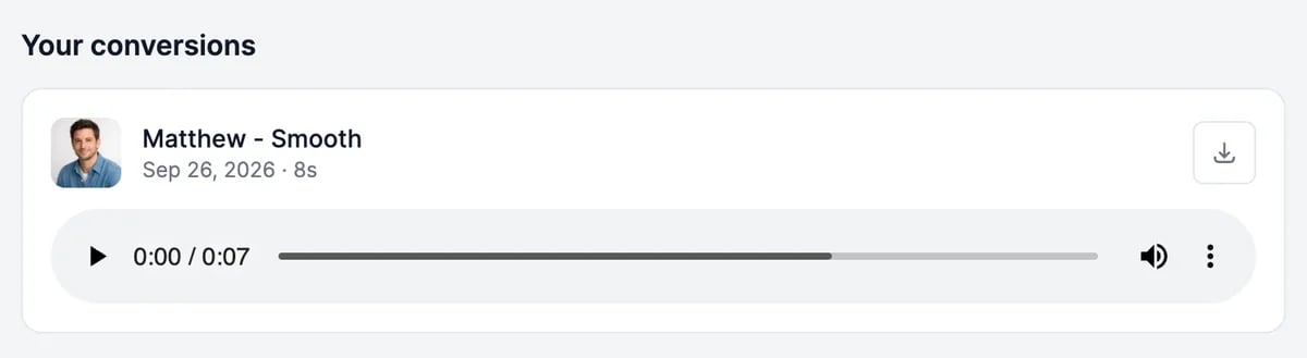 Your conversions with one result in the voice Matthew - Smooth, dated Sep 26, 2026, 8 seconds long, with a player and a download button