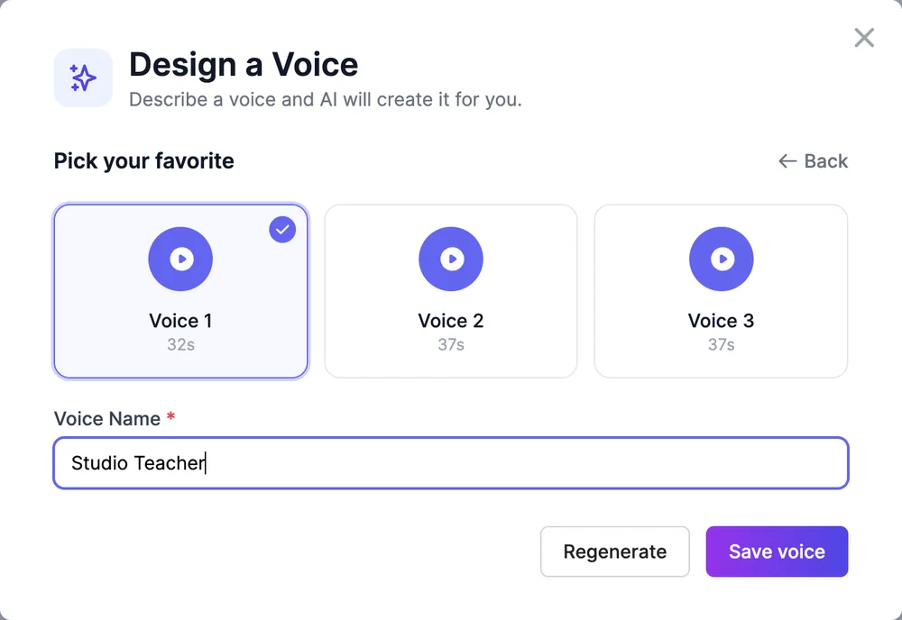 Pick your favorite with Voice 1, Voice 2, and Voice 3, Voice 1 selected, a Voice Name Studio Teacher, and Regenerate and Save voice buttons