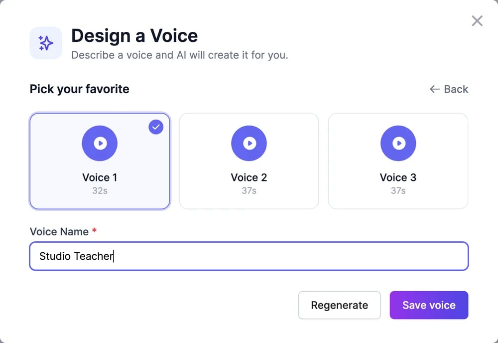 Pick your favorite with Voice 1, Voice 2, and Voice 3, Voice 1 selected, a Voice Name Studio Teacher, and Regenerate and Save voice buttons