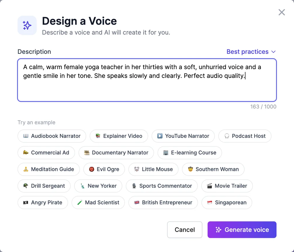 Design a Voice with a description of a calm, warm female yoga teacher, example buttons such as Audiobook Narrator, Explainer Video, Meditation Guide, and Movie Trailer, and a Generate voice button