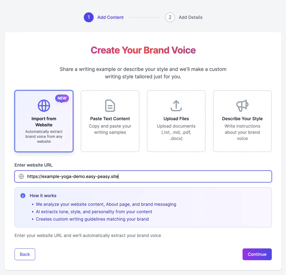 Create Your Brand Voice with Import from Website selected and the website example-yoga-demo.easy-peasy.site entered, above a How it works box