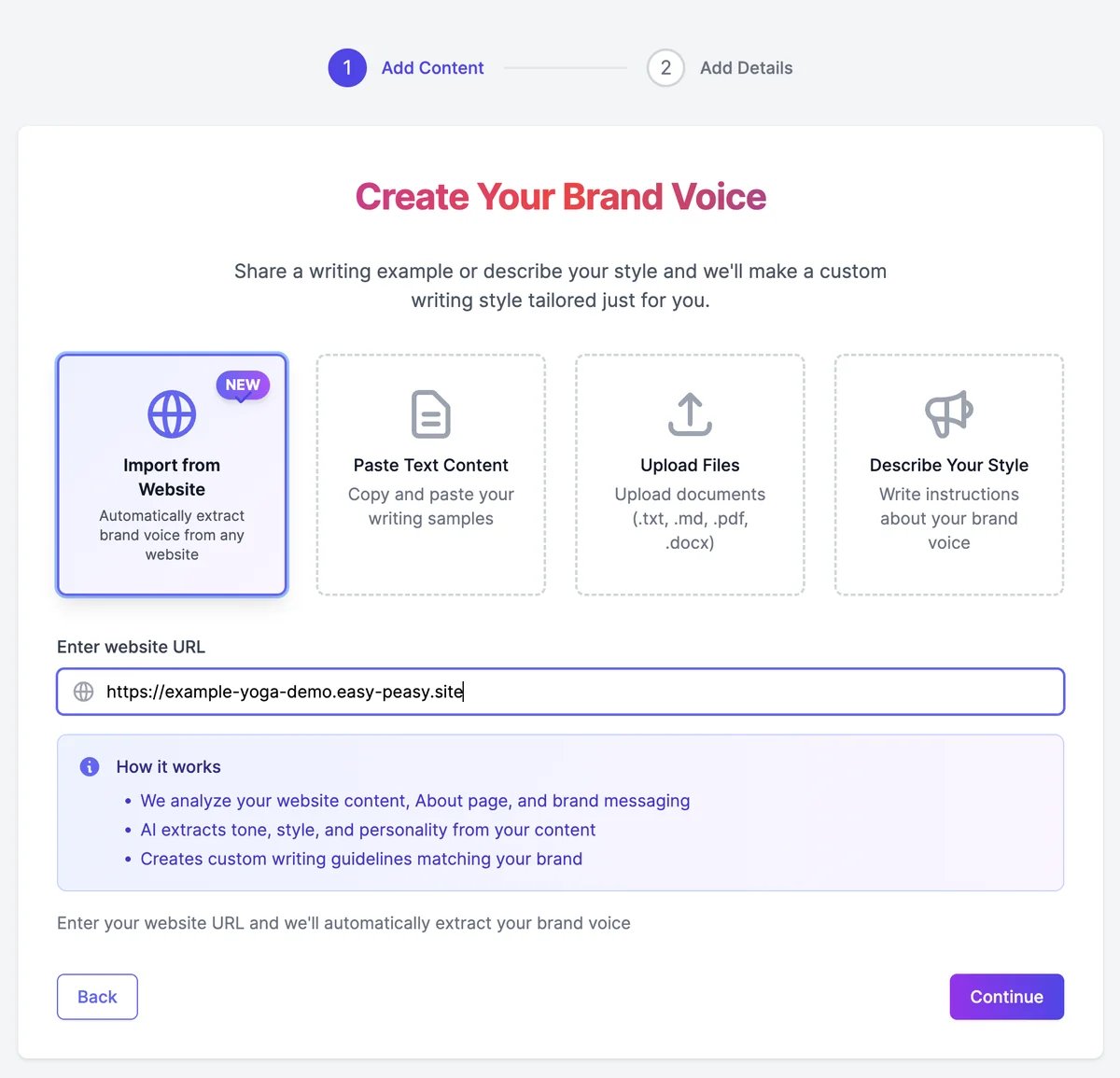 Create Your Brand Voice with Import from Website selected and the website example-yoga-demo.easy-peasy.site entered, above a How it works box