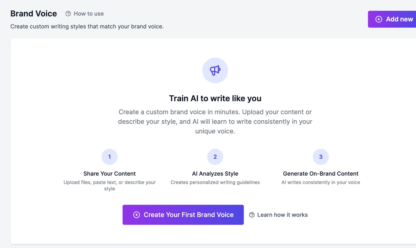 The Brand Voice page with no voices yet: Train AI to write like you, three steps (Share Your Content, AI Analyzes Style, Generate On-Brand Content), and a Create Your First Brand Voice button