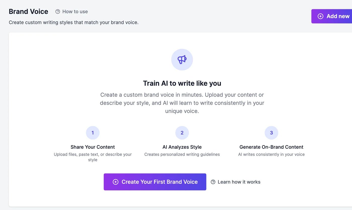 The Brand Voice page with no voices yet: Train AI to write like you, three steps (Share Your Content, AI Analyzes Style, Generate On-Brand Content), and a Create Your First Brand Voice button
