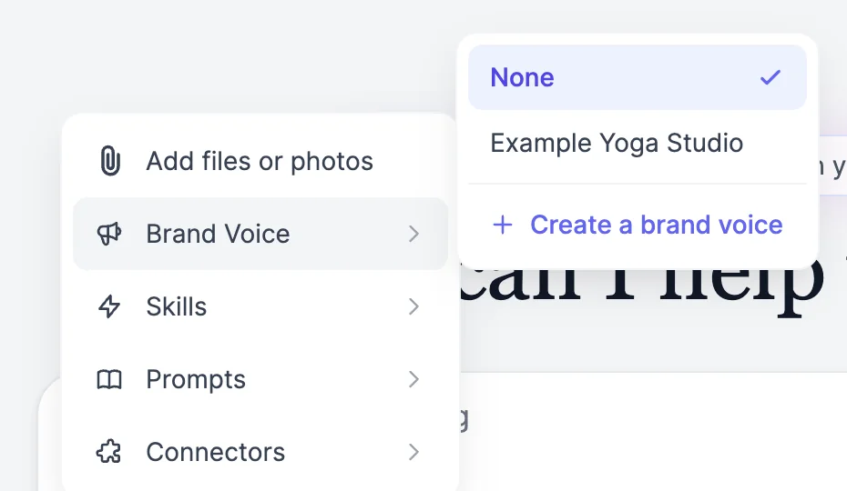Marky's + menu with Brand Voice open, listing None, Example Yoga Studio, and Create a brand voice