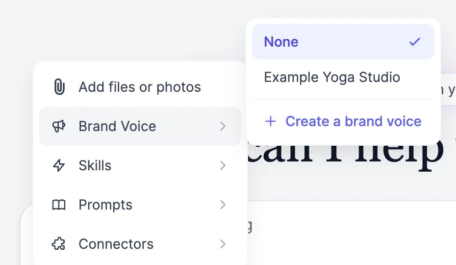 Marky's + menu with Brand Voice open, listing None, Example Yoga Studio, and Create a brand voice