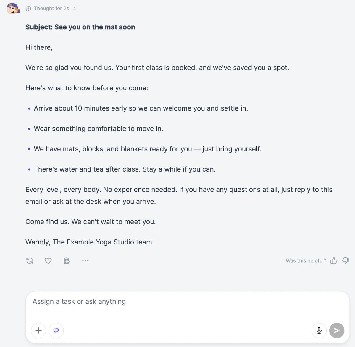 Marky's welcome email for a new student, with the subject See you on the mat soon, a short list of what to bring, and the lines Every level, every body and Come find us, signed The Example Yoga Studio team