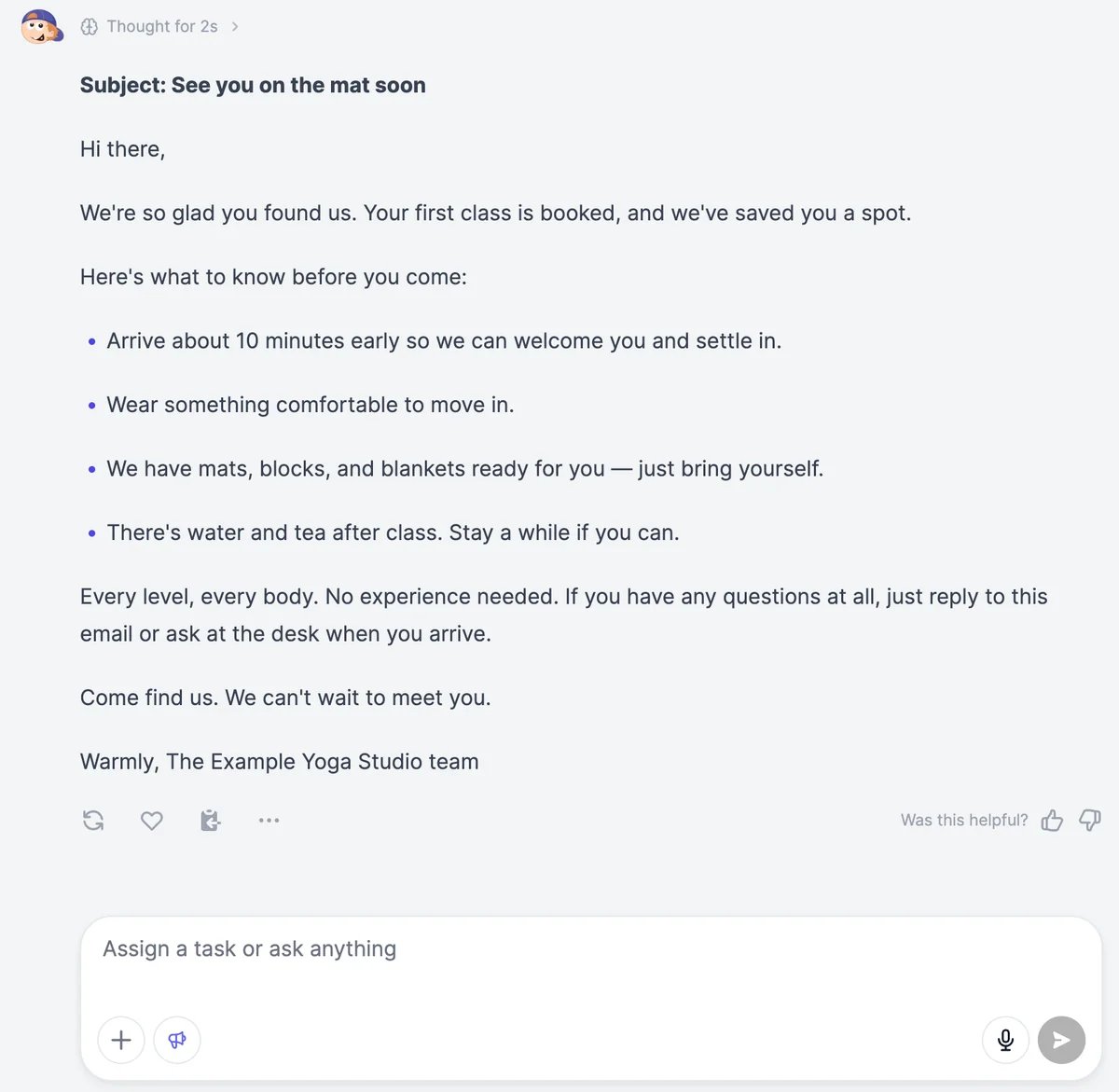 Marky's welcome email for a new student, with the subject See you on the mat soon, a short list of what to bring, and the lines Every level, every body and Come find us, signed The Example Yoga Studio team