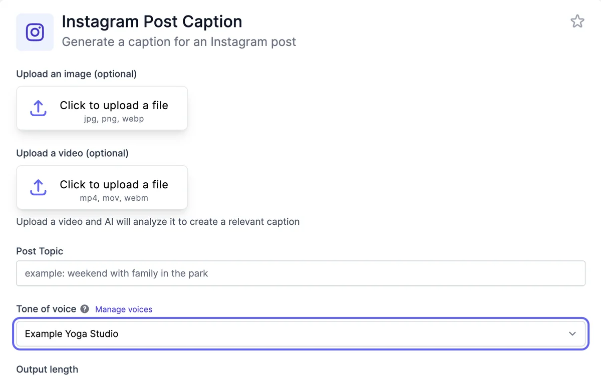 The Instagram Post Caption tool with Tone of voice set to the brand voice Example Yoga Studio, and a Manage voices link