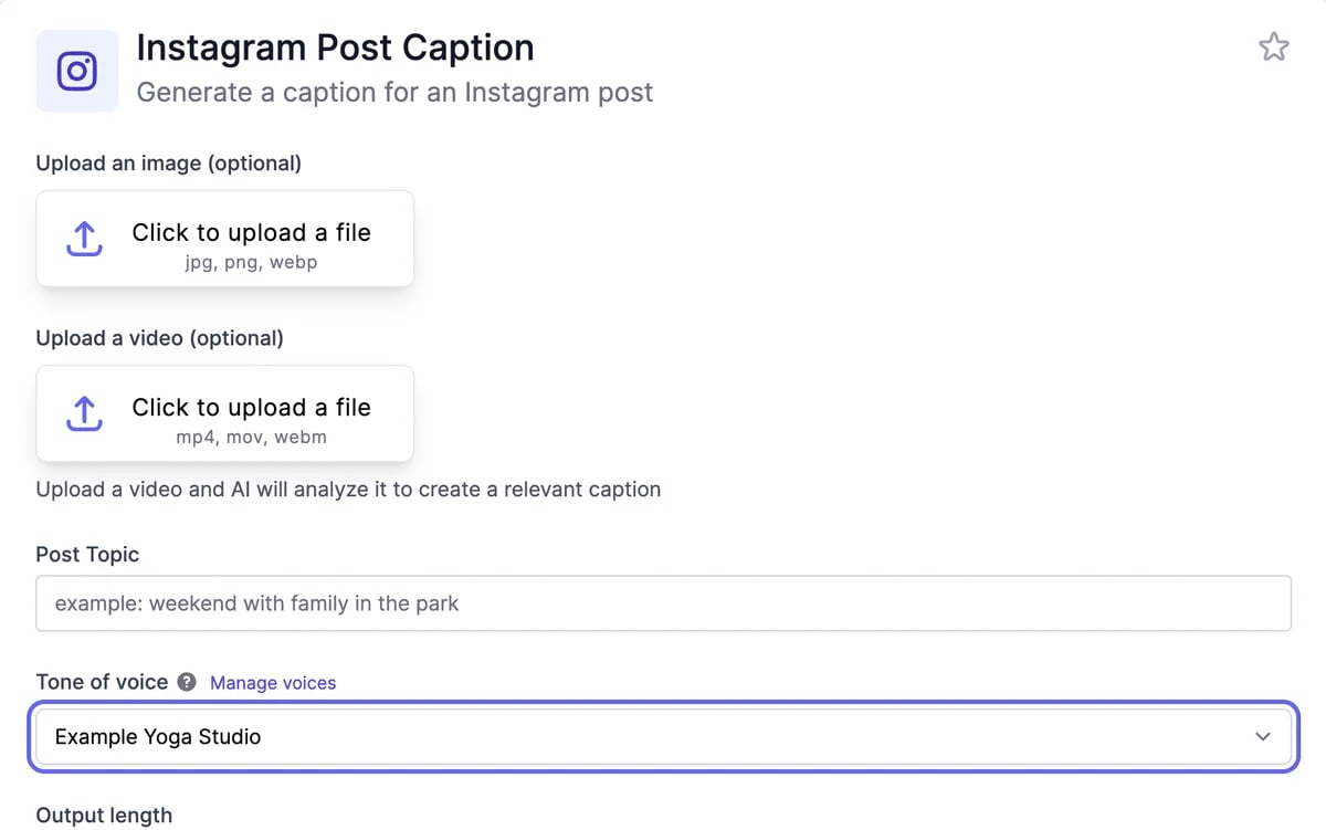 The Instagram Post Caption tool with Tone of voice set to the brand voice Example Yoga Studio, and a Manage voices link