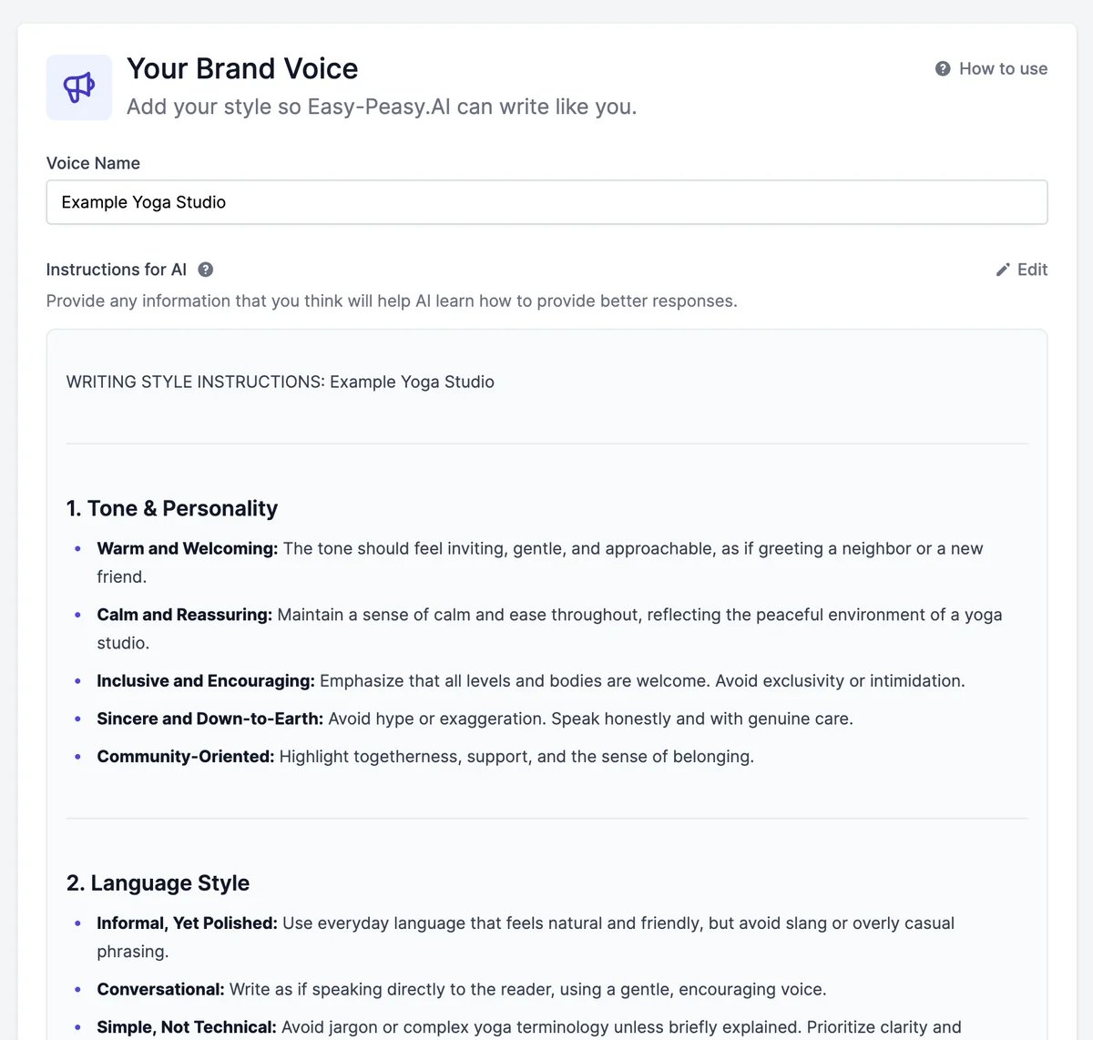 Your Brand Voice: Voice Name Example Yoga Studio and Instructions for AI, starting with Writing style instructions and a Tone & Personality section: warm and welcoming, calm and reassuring, inclusive and encouraging