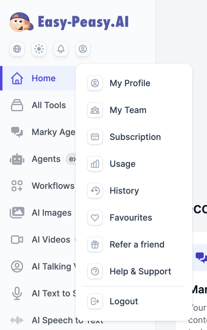 The account menu: My Profile, My Team, Subscription, Usage, History, Favourites, Refer a friend, Help & Support, and Logout
