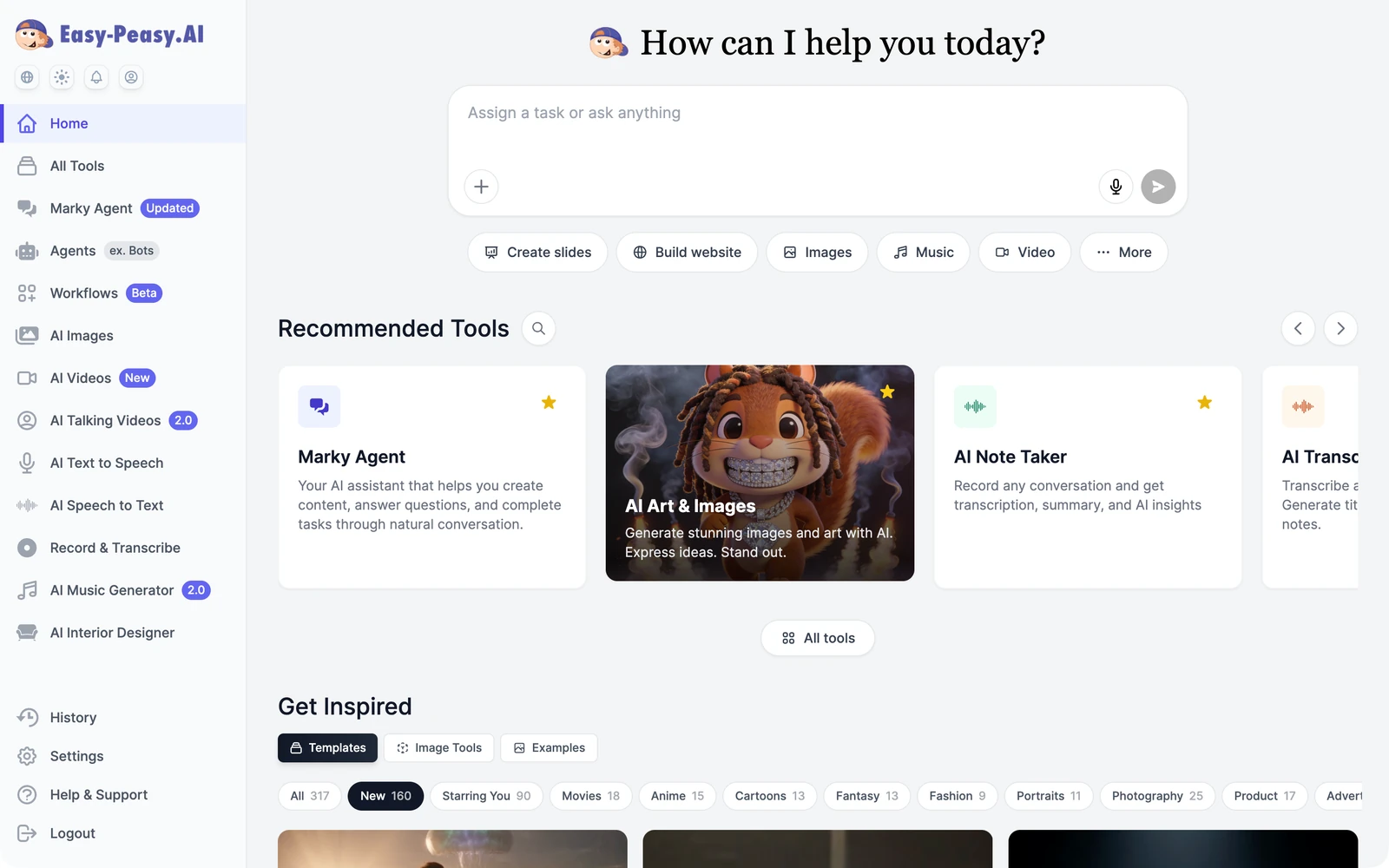 The Easy-Peasy.AI dashboard: a prompt box that asks 'How can I help you today?', recommended tools, and templates to get inspired