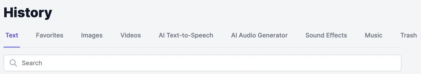 The History page with the tabs Text, Favorites, Images, Videos, AI Text-to-Speech, AI Audio Generator, Sound Effects, Music, and Trash, and a search box