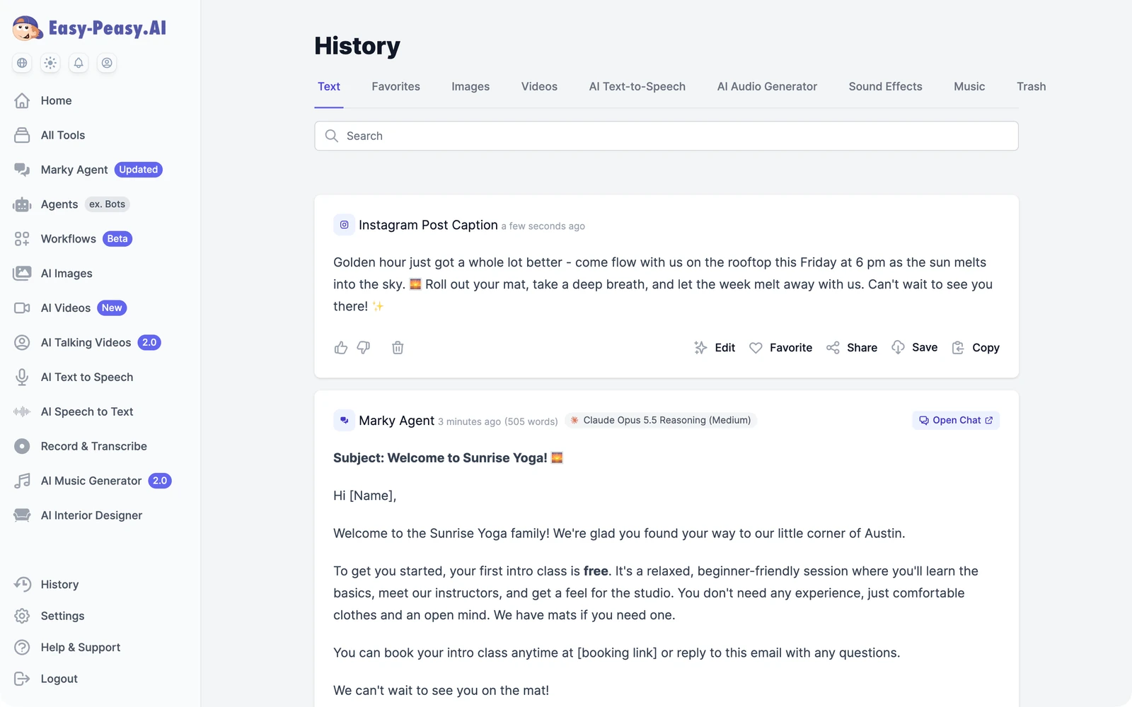 The History page listing the Instagram caption and the Marky Agent email