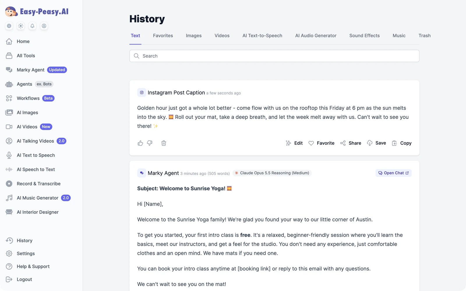 The History page listing the Instagram caption and the Marky Agent email