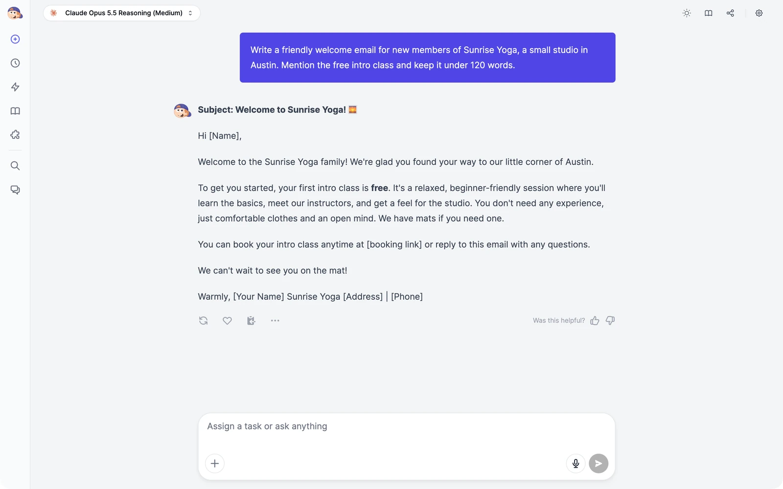 Marky's reply in the chat: a welcome email for Sunrise Yoga with a subject line, greeting, and sign-off
