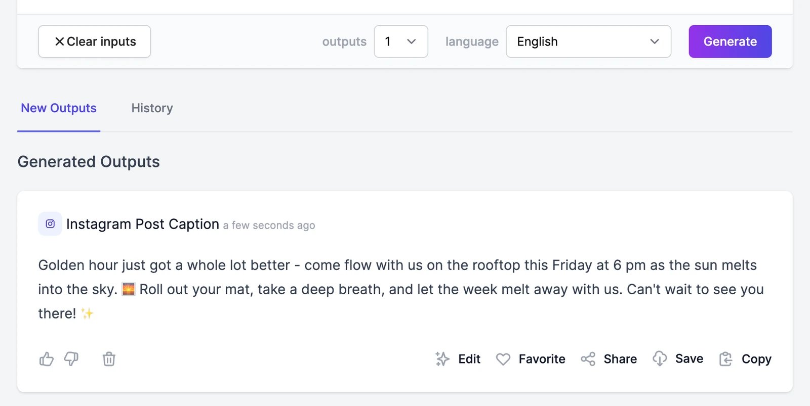 A generated Instagram caption under the Generate button, with Edit, Favorite, Share, Save, and Copy buttons