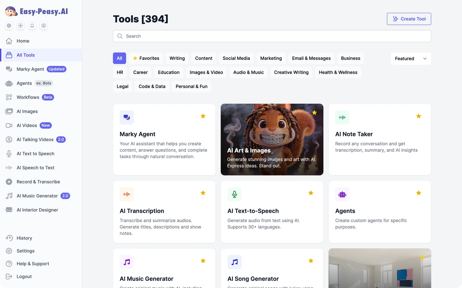 The Tools page with a search box, category filters such as Writing, Social Media, and Marketing, and tool cards