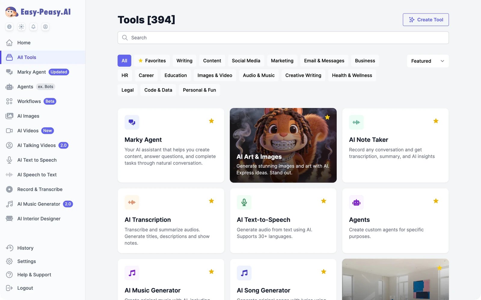 The Tools page with a search box, category filters such as Writing, Social Media, and Marketing, and tool cards
