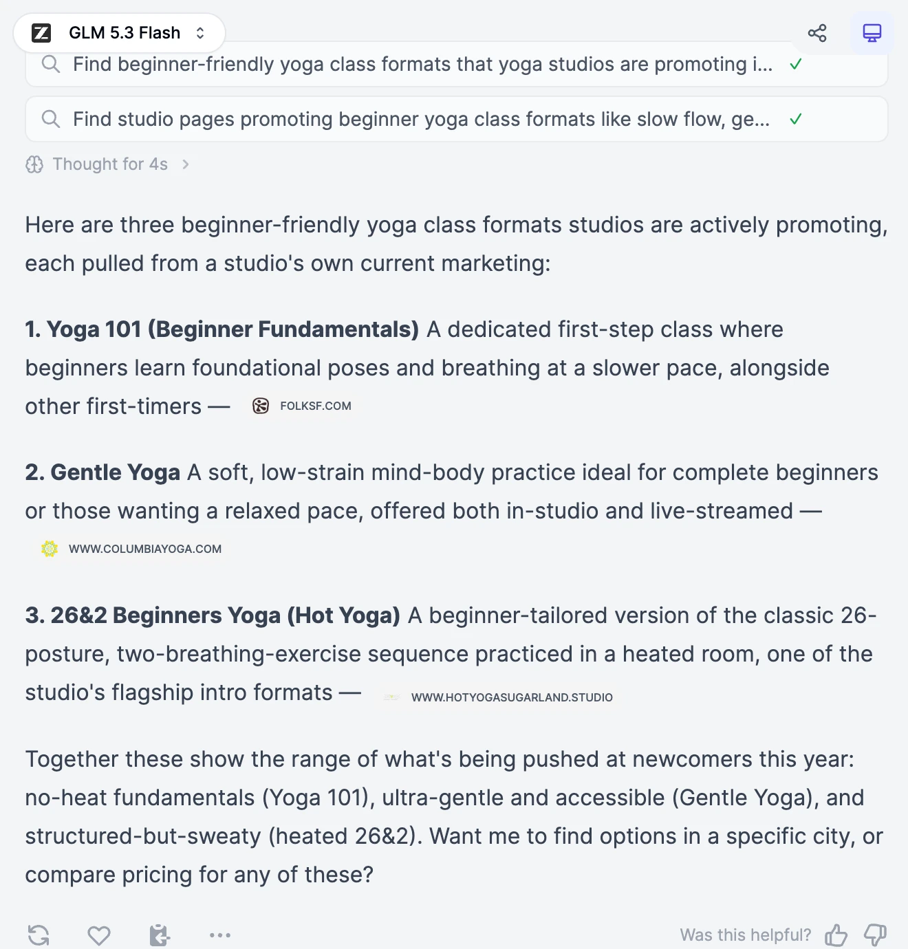 Marky's answer listing three beginner yoga class formats, each followed by the website it came from, with the search steps and Thought for 4s above it, and the Regenerate, Favorite, Copy, More, and Was this helpful? buttons below it