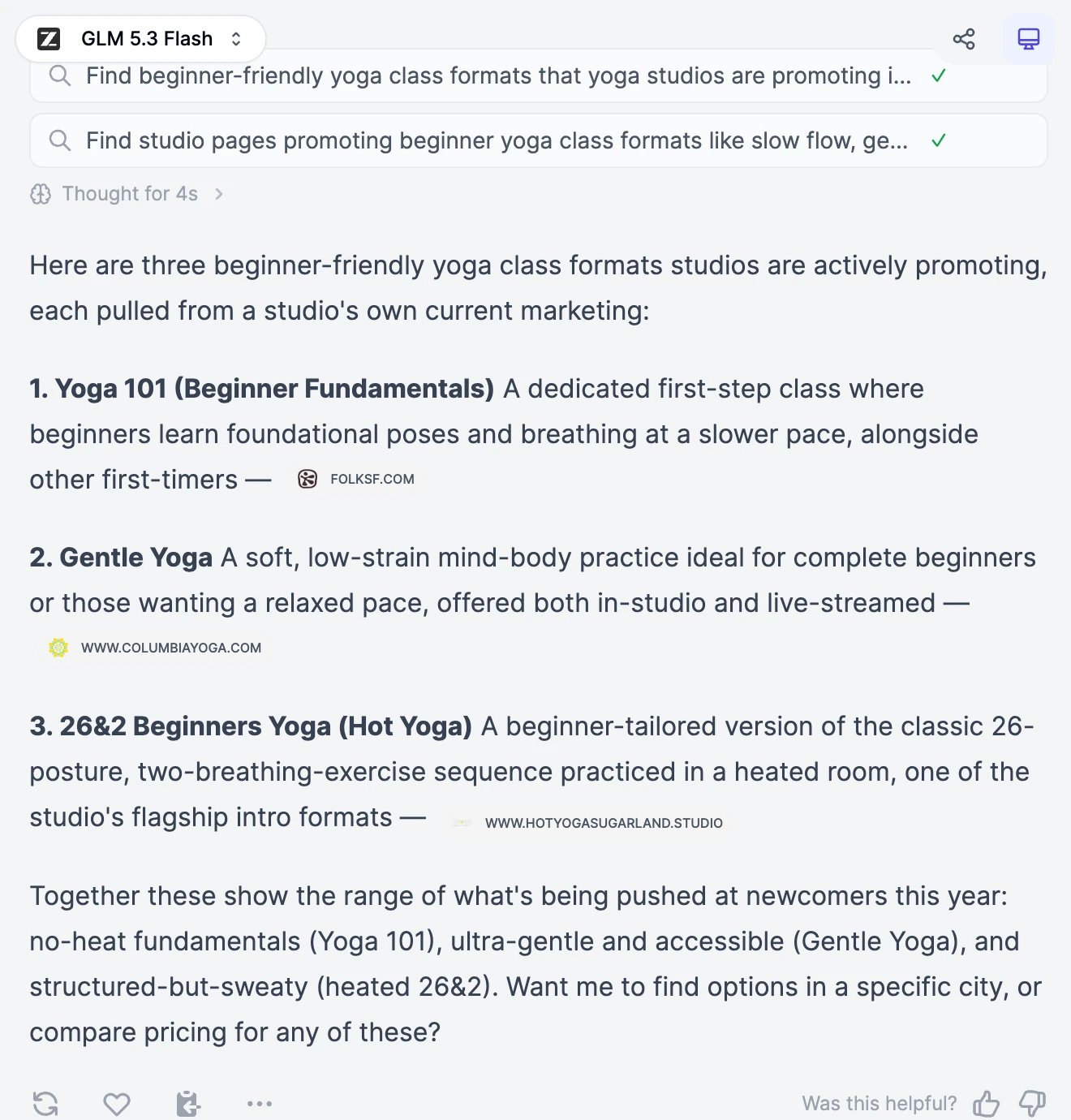 Marky's answer listing three beginner yoga class formats, each followed by the website it came from, with the search steps and Thought for 4s above it, and the Regenerate, Favorite, Copy, More, and Was this helpful? buttons below it