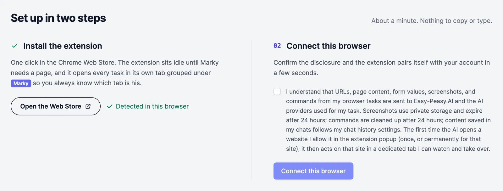 The Set up in two steps section: Install the extension, with Open the Web Store and Detected in this browser, and Connect this browser, with a disclosure checkbox about what is sent to Easy-Peasy.AI and a Connect this browser button
