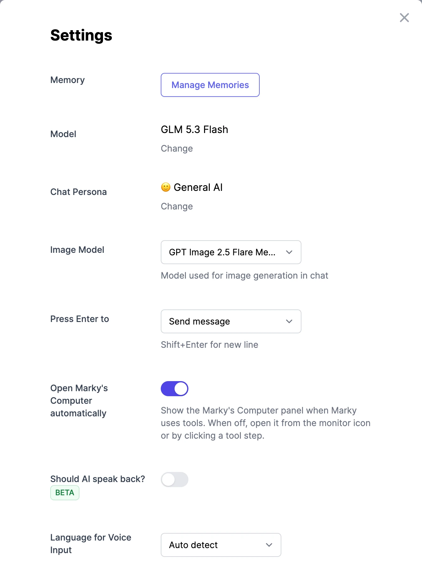 The Settings window with Memory, Model, Chat Persona, Image Model, Press Enter to, Open Marky's Computer automatically, and Should AI speak back? settings